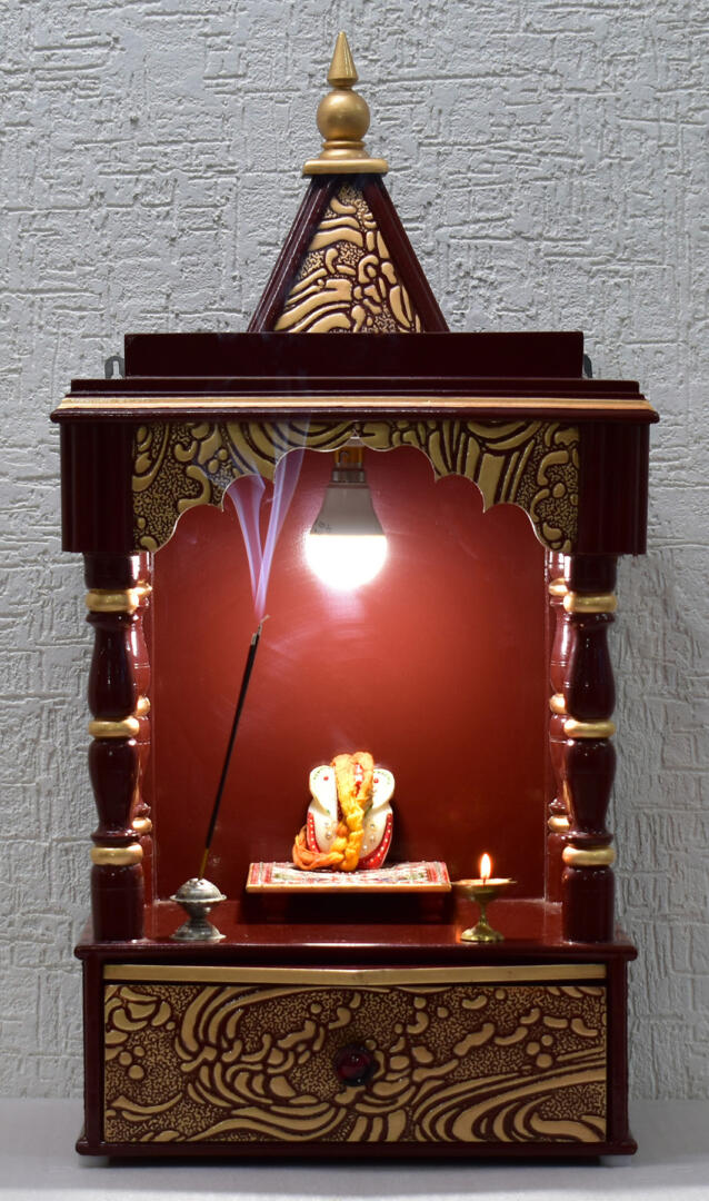 Brown-Golden Pooja Temple/Mandir with Tray and One Drawer - Side Open - Image 1